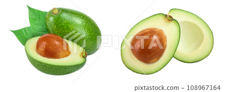 avocado and half with leaves isolated on white background close-up 108967164