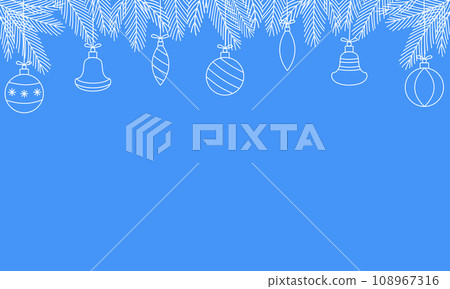 White frosted pine branches with festive balls on blue background, border with copy space, vector 108967316