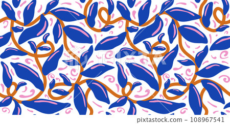 Seamless pattern with abstract blue tropical leaves, vector 108967541