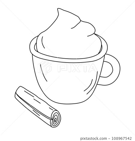 Coffee with cinnamon and whipped cream, doodle style flat vector outline for coloring book Coffee with cinnamon and whipped cream, doodle style flat vector outline for coloring book 108967542