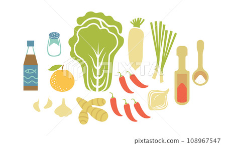 Fresh raw ingredients for kimchi making. Horizontal flat vector illustration isolated on white background. 108967547