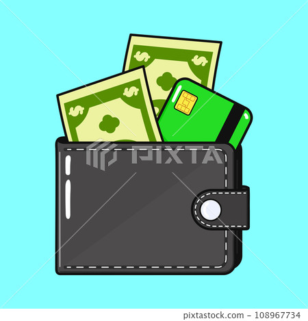 Cute funny Wallet with money and credit card. Vector hand drawn cartoon kawaii character illustration icon. Isolated on blue background. Wallet with money and credit card character concept Cute funny Wallet with money and credit card. Vector hand drawn cartoon kawaii character illustration icon. Isolated on blue background. Wallet with money and credit card character concept 108967734