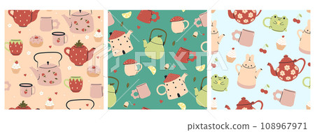 seamless patterns with cute teapots and cups. Vector graphics. 108967971