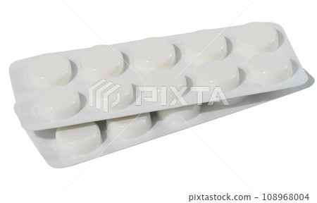 Blister pack with round pills on a white isolated background. 108968004