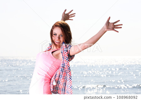 Woman happy smiling, joyful young cheerful female model Woman happy smiling, joyful young cheerful female model 108968092