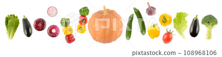 Falling colorful vegetables and fruits with light reflection isolated on white 108968106