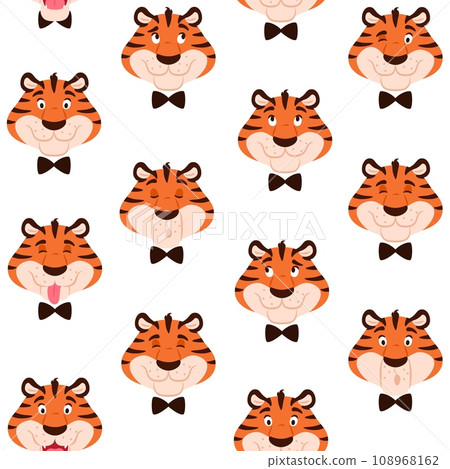 Colorful tiger seamless pattern. Cute cartoon striped animal character head in bow tie for kids decoration design. Beautiful wrapping paper fabric background repeat tile. Creative vector illustration. Colorful tiger seamless pattern. Cute cartoon striped animal character head in bow tie for kids decoration design. Beautiful wrapping paper fabric background repeat tile. Creative vector illustration. 108968162