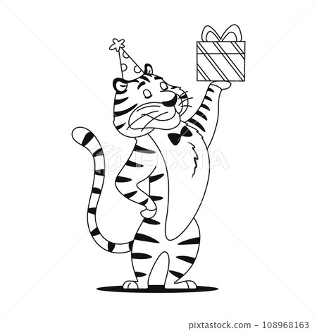 Coloring page. Funny cartoon tiger with Birthday present on a white background. Cute animal character for kids preschool activity. Black and white outline sketch. Coloring book vector illustration. Coloring page. Funny cartoon tiger with Birthday present on a white background. Cute animal character for kids preschool activity. Black and white outline sketch. Coloring book vector illustration. 108968163