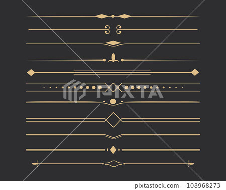 Text devider set, gold line minimal separators, elegant doodlle borders, decorative elements isolated on dark background. Text devider set, gold line minimal separators, elegant doodlle borders, decorative elements isolated on dark background. 108968273