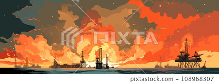 Fire on an oil rig in the sea or ocean Fire on an oil rig in the sea or ocean 108968307