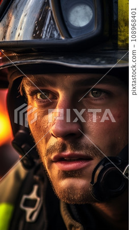 Firefighter's face in soot and grime Firefighter's face in soot and grime 108968401