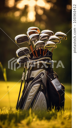 Golf clubs on the background of green golf course Golf clubs on the background of green golf course 108968412