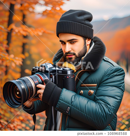 A dark-skinned male photographer with a beard in a hat and a winter jacket. 108968588