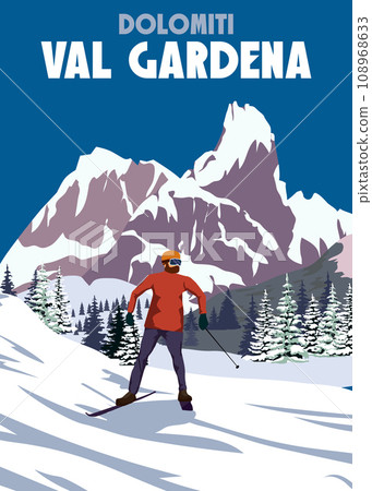 Vintage Travel poster Ski Val Gardena resort. Italy winter landscape travel card Vintage Travel poster Ski Val Gardena resort. Italy winter landscape travel card 108968633