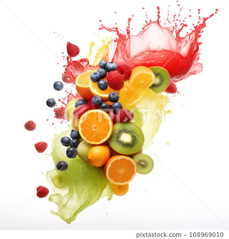 Spectacular Cascade of Fruit Juices and Berries in a Lively Splash. AI generation Spectacular Cascade of Fruit Juices and Berries in a Lively Splash. AI generation 108969010