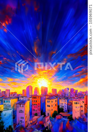 遠處的建築街道和日落時前景中的公寓的插圖 遠處的建築街道和日落時前景中的公寓的插圖 108969071