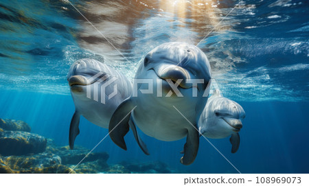 Group of happy smiling dolphins swim underwater in sea, ocean under water life. Theme of wildlife, wild animal, travel, nature 108969073