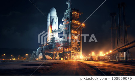 Powerful rocket and space launch system before start at night, spaceship on sky background. Concept of travel, technology, science, sls, pad Powerful rocket and space launch system before start at night, spaceship on sky background. Concept of travel, technology, science, sls, pad 108969079