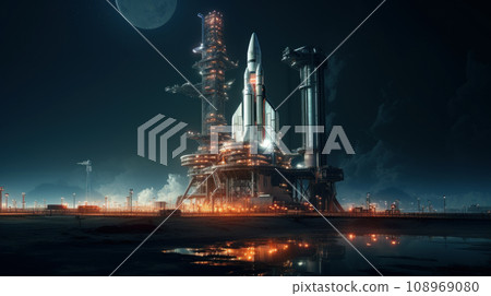 Spaceship is on space launch pad before start in future, big rocket on sky background at night. Concept of travel, technology, science, sls, ship Spaceship is on space launch pad before start in future, big rocket on sky background at night. Concept of travel, technology, science, sls, ship 108969080