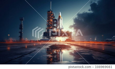 Space shuttle is on launch pad before start, rocket on sky background at night. Concept of travel, technology, science, sls, ship Space shuttle is on launch pad before start, rocket on sky background at night. Concept of travel, technology, science, sls, ship 108969081