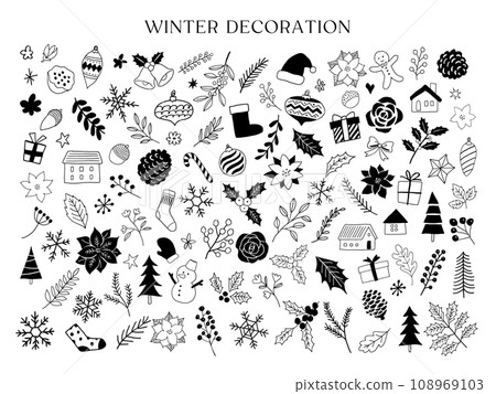 冬季植物與聖誕線畫插圖集 冬季植物與聖誕線畫插圖集 108969103