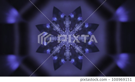 Kaleidoscope background of changing frozen crystals, seamless loop. Media. Blue splashes of moving and glowing snowflake ethnic ornaments, hypnotic motion, dynamic symmetrical abstract design. 108969151
