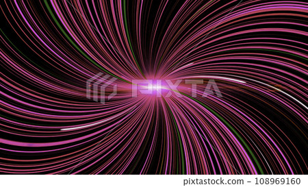 Spiral of colored and luminous lines. Animation. Curved lines radiate and pulsate from luminous center. Spiral of thin colored lines with luminous pulsations 108969160