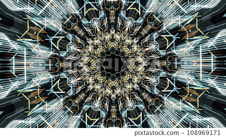 Hypnotic abstract animation of holographic tunnel with neon geometric patterns moving slowly on the black background. Animation. Beautiful colorful tunnel 108969171