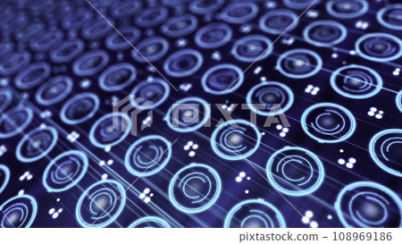 Pattern of small blue spinning circles and pixels moving on a electronic screen. Close-up of rotating neon circles. Pattern of small blue spinning circles and pixels moving on a electronic screen. Close-up of rotating neon circles. 108969186