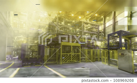 Animation of the industrial accident inside of the factory, smoke blowing working space and flashing of the emergency lights. Factory accident. 108969208