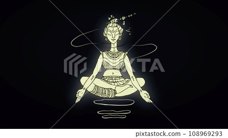 White animated picture of yogi on a dark background in the lotus position. Meditation and relax. 108969293