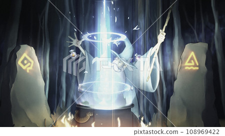 Abstract animation of an old wizard making a potion above boiling pot with flying strange ingredients and a bright beam of light soaring up. Stock footage. Magic and ritual concept. Abstract animation of an old wizard making a potion above boiling pot with flying strange ingredients and a bright beam of light soaring up. Stock footage. Magic and ritual concept. 108969422