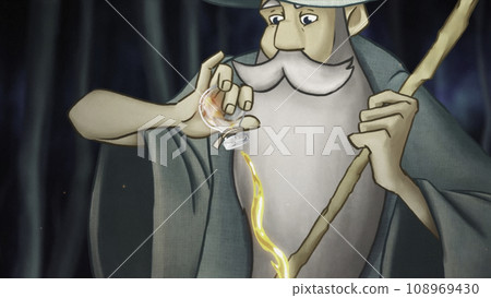 Abstract animation of an old wizard making a potion above boiling pot, adding strange ingredient and getting a bright beam of light. Stock footage. Magic and ritual concept. 108969430