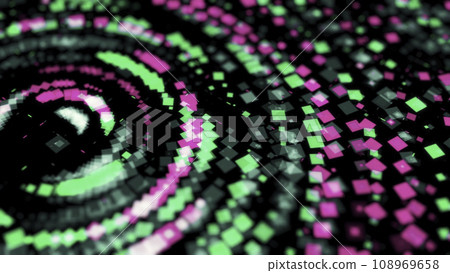 Abstract bright neon circles consisting of small multicolored geometric figures and moving chaotically in the dark. Animation. Disco dancing and electronic music background Abstract bright neon circles consisting of small multicolored geometric figures and moving chaotically in the dark. Animation. Disco dancing and electronic music background 108969658