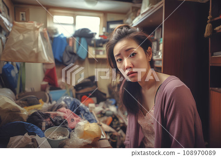 A stunned woman overflowing with trash, AI-generated A stunned woman overflowing with trash, AI-generated 108970089