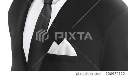 Blank white folded pocket square classic suit mockup side view, 108970112