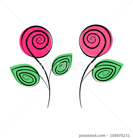 Set of 2 abstract stylized ornamental roses in trendy marker shades. Line Art concept for greetings Set of 2 abstract stylized ornamental roses in trendy marker shades. Line Art concept for greetings 108970231