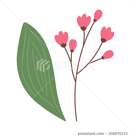 Abstract botanical set of flowering twig and spathiphyllum leaf in trendy shades. Hello spring. Abstract botanical set of flowering twig and spathiphyllum leaf in trendy shades. Hello spring. 108970232