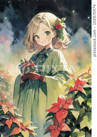 Girl in robe with poinsettia 108970474