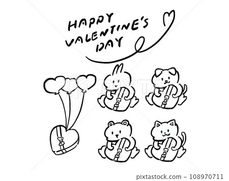 變形的插圖集動物和氣球，拿著心形禮物盒，線條畫，單色 108970711