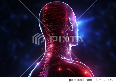 Man with headache - stroke. images of the structure of the neurosystem of the head and pain areas - 3D illustration Man with headache - stroke. images of the structure of the neurosystem of the head and pain areas - 3D illustration 108970739