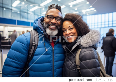 An adult Afro couple at the airport takes a selfie before departure, anticipation of the flight, travel 108970740