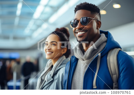 Waiting for the flight. Happy black couple having fun together in the terminal before boarding their flight. Waiting for the flight. Happy black couple having fun together in the terminal before boarding their flight. 108970761