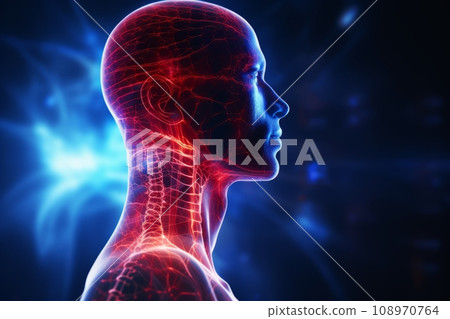 Man with headache - stroke. images of the structure of the neurosystem of the head and pain areas - 3D illustration 108970764