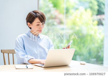 A woman teleworking in the living room. 108970827