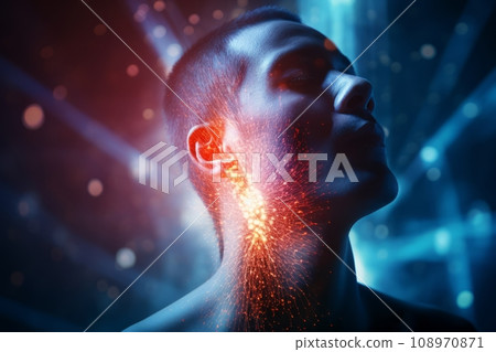 Sore throat 3D visualization of a painful area in the throat. Man sore throat Sore throat 3D visualization of a painful area in the throat. Man sore throat 108970871