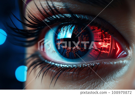 close-up of an eye with artificial intelligence in the retina. Future technologies for recognizing the environment through scanning with AI built into the eyes close-up of an eye with artificial intelligence in the retina. Future technologies for recognizing the environment through scanning with AI built into the eyes 108970872