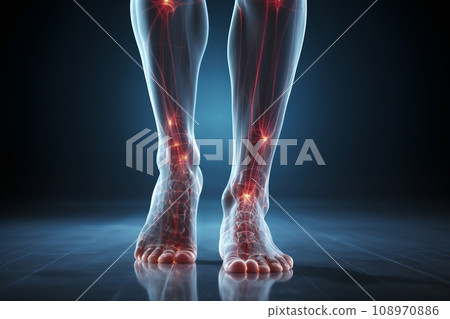 Human foot ankle and leg in x-ray, leg and foot pain, human skeleton, bone, joint scan, 3D rendering of medical screen, human anatomy, body, x-ray scan 108970886