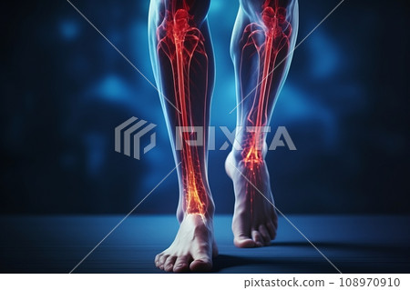 Human foot ankle and leg in x-ray, leg and foot pain, human skeleton, bone, joint scan, 3D rendering of medical screen, human anatomy, body, x-ray scan 108970910