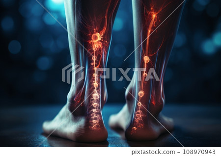 Human foot ankle and leg in x-ray, leg and foot pain, human skeleton, bone, joint scan, 3D rendering of medical screen, human anatomy, body, x-ray scan 108970943